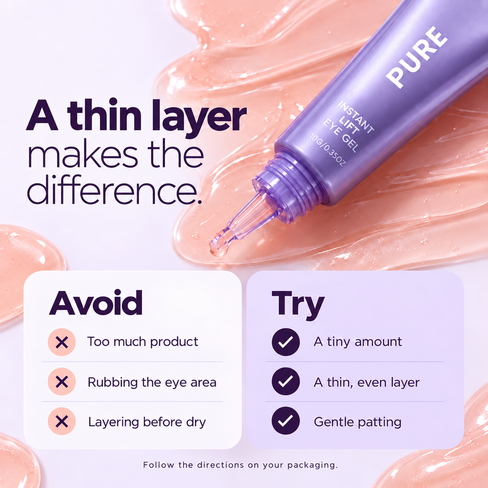 PURE Instant Lift Eye Gel — thin-layer application guide